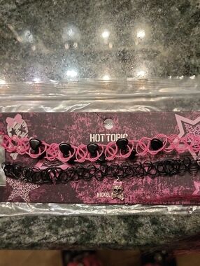 Hot Topic Pink & Black Heart and Skull Choker Set Of 2